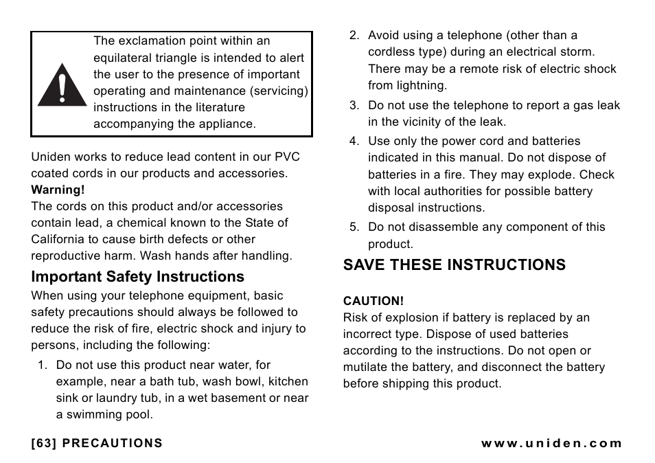 Important safety instructions, Save these instructions | Uniden CEZAI998 User Manual | Page 64 / 76