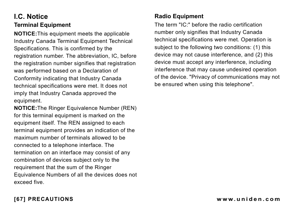 I.c. notice | Uniden CEZAI998 User Manual | Page 68 / 76