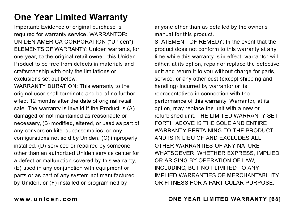 One year limited warranty | Uniden CEZAI998 User Manual | Page 69 / 76