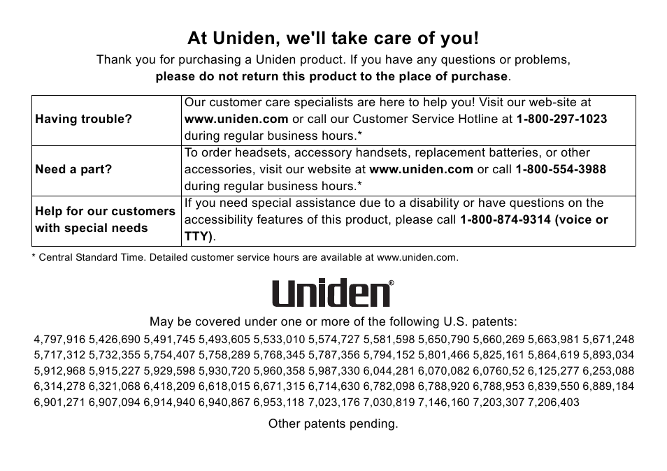 At uniden, we'll take care of you | Uniden CEZAI998 User Manual | Page 75 / 76