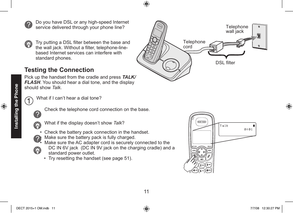 Testing the connection | Uniden DECT2015+2 User Manual | Page 11 / 60