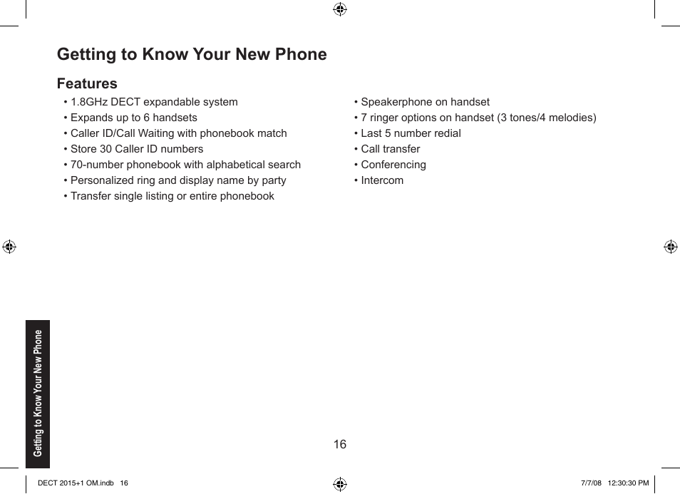 Getting to know your new phone, Features | Uniden DECT2015+2 User Manual | Page 16 / 60
