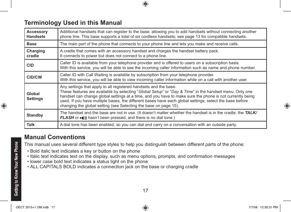 Terminology used in this manual, Manual conventions | Uniden DECT2015+2 User Manual | Page 17 / 60