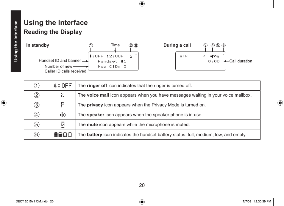 Using the interface, Reading the display | Uniden DECT2015+2 User Manual | Page 20 / 60