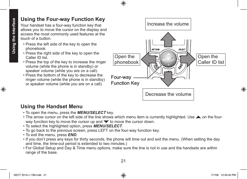 Using the four-way function key, Using the handset menu | Uniden DECT2015+2 User Manual | Page 21 / 60