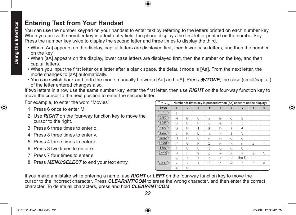 Entering text from your handset | Uniden DECT2015+2 User Manual | Page 22 / 60