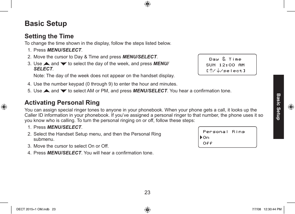 Basic setup, Setting the time, Activating personal ring | Uniden DECT2015+2 User Manual | Page 23 / 60