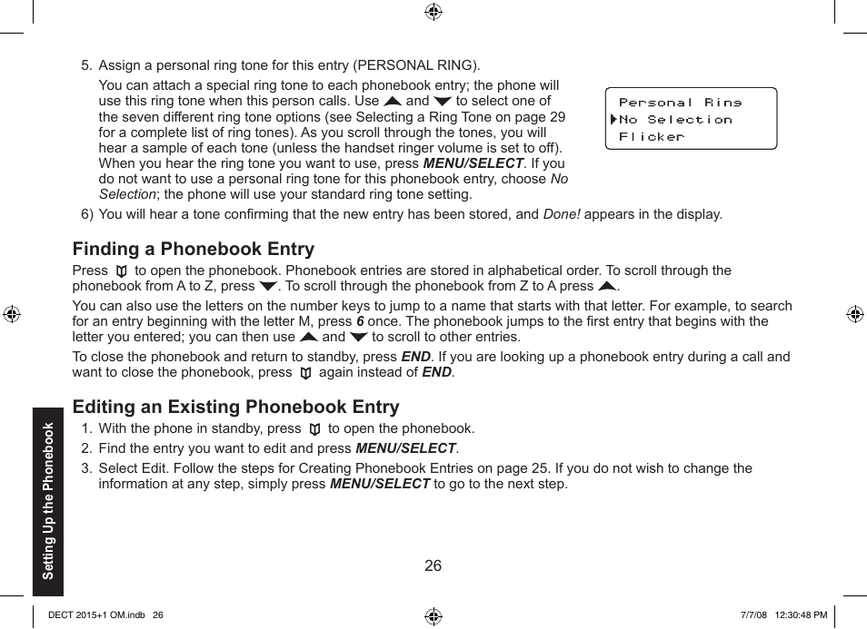Finding a phonebook entry, Editing an existing phonebook entry | Uniden DECT2015+2 User Manual | Page 26 / 60