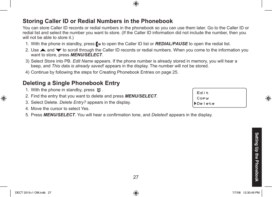 Deleting a single phonebook entry | Uniden DECT2015+2 User Manual | Page 27 / 60