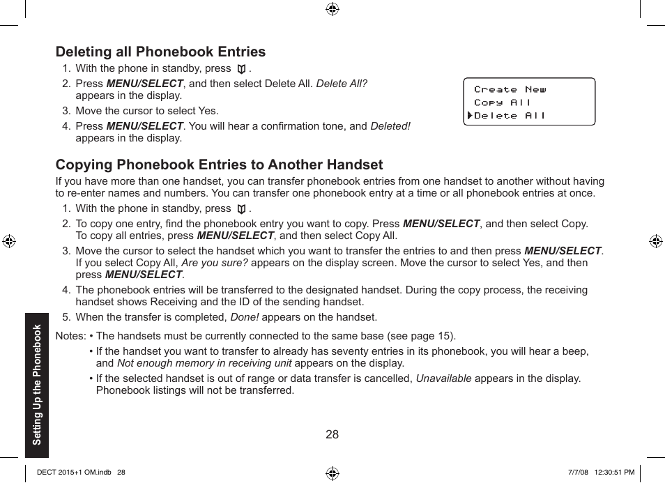 Deleting all phonebook entries, Copying phonebook entries to another handset | Uniden DECT2015+2 User Manual | Page 28 / 60