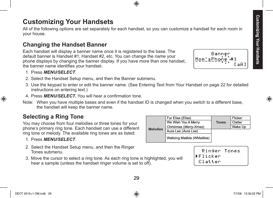 Customizing your handsets, Changing the handset banner, Selecting a ring tone | Uniden DECT2015+2 User Manual | Page 29 / 60