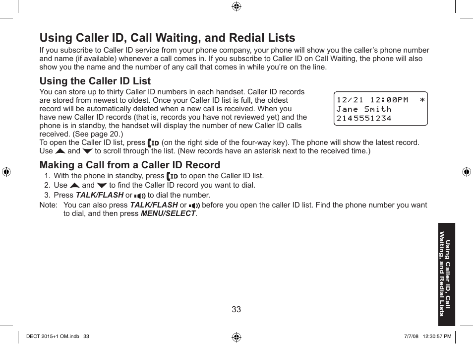 Using caller id, call waiting, and redial lists, Using the caller id list, Making a call from a caller id record | Uniden DECT2015+2 User Manual | Page 33 / 60