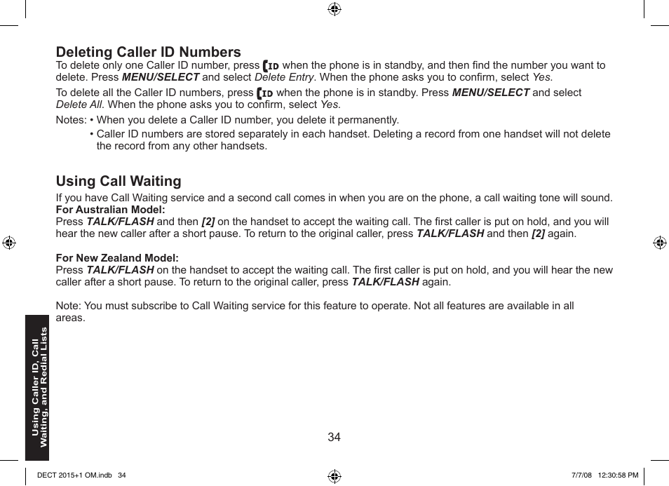 Deleting caller id numbers, Using call waiting | Uniden DECT2015+2 User Manual | Page 34 / 60