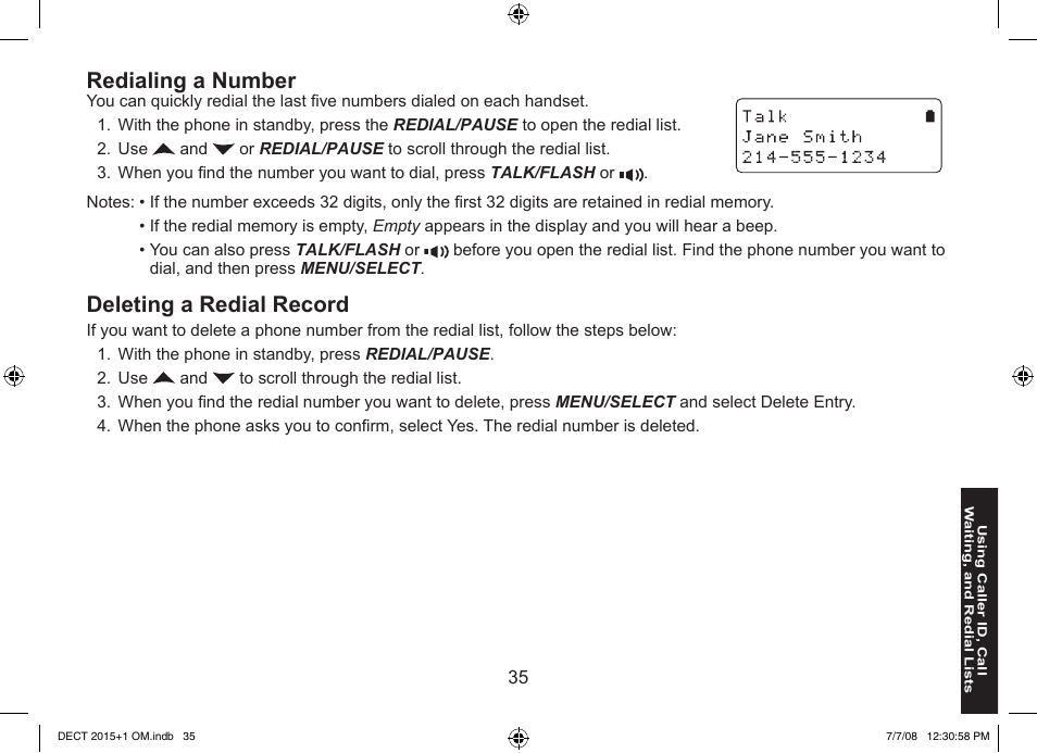 Redialing a number, Deleting a redial record | Uniden DECT2015+2 User Manual | Page 35 / 60