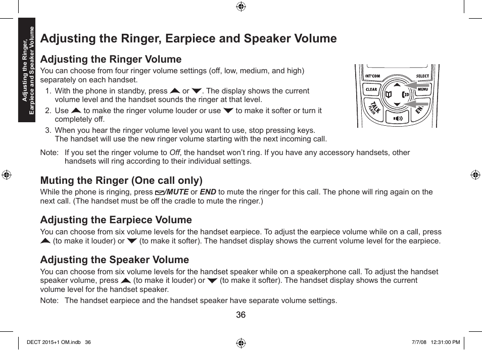 Adjusting the ringer, earpiece and speaker volume, Adjusting the ringer volume, Muting the ringer (one call only) | Adjusting the earpiece volume, Adjusting the speaker volume | Uniden DECT2015+2 User Manual | Page 36 / 60