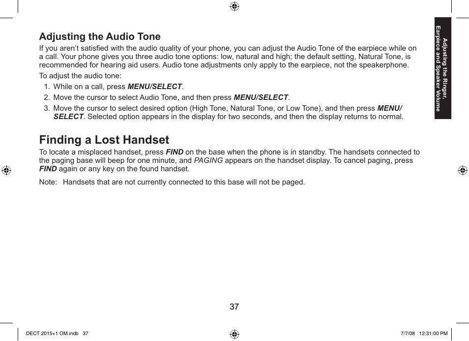 Finding a lost handset, Adjusting the audio tone | Uniden DECT2015+2 User Manual | Page 37 / 60