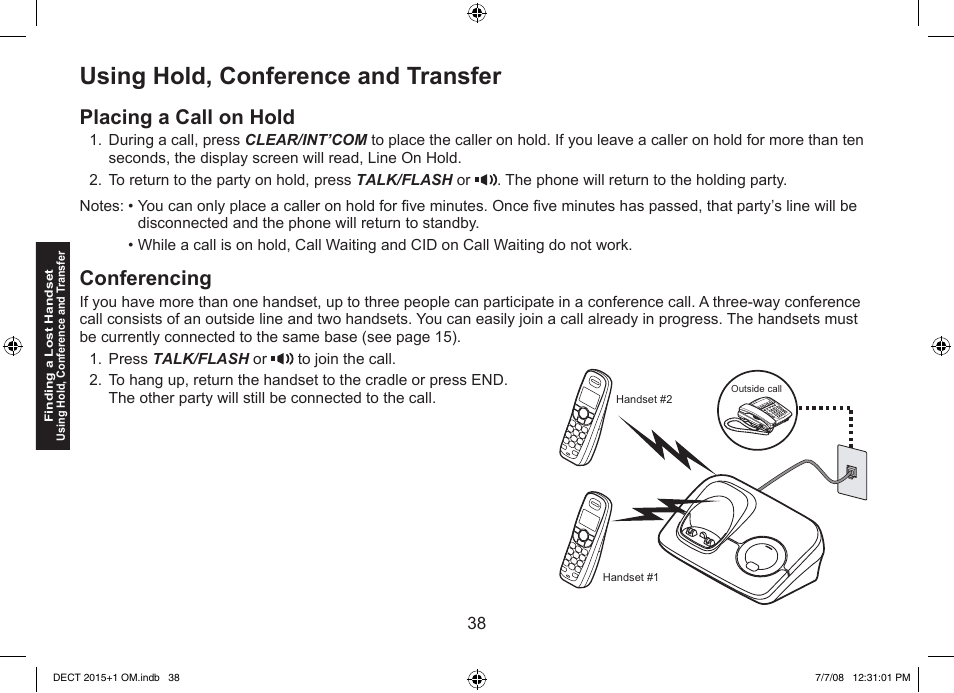 Using hold, conference and transfer, Placing a call on hold, Conferencing | Uniden DECT2015+2 User Manual | Page 38 / 60