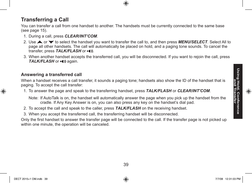Transferring a call | Uniden DECT2015+2 User Manual | Page 39 / 60