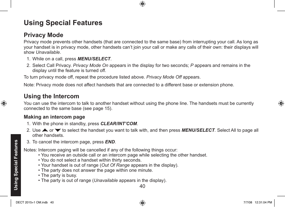 Using special features, Privacy mode, Using the intercom | Uniden DECT2015+2 User Manual | Page 40 / 60