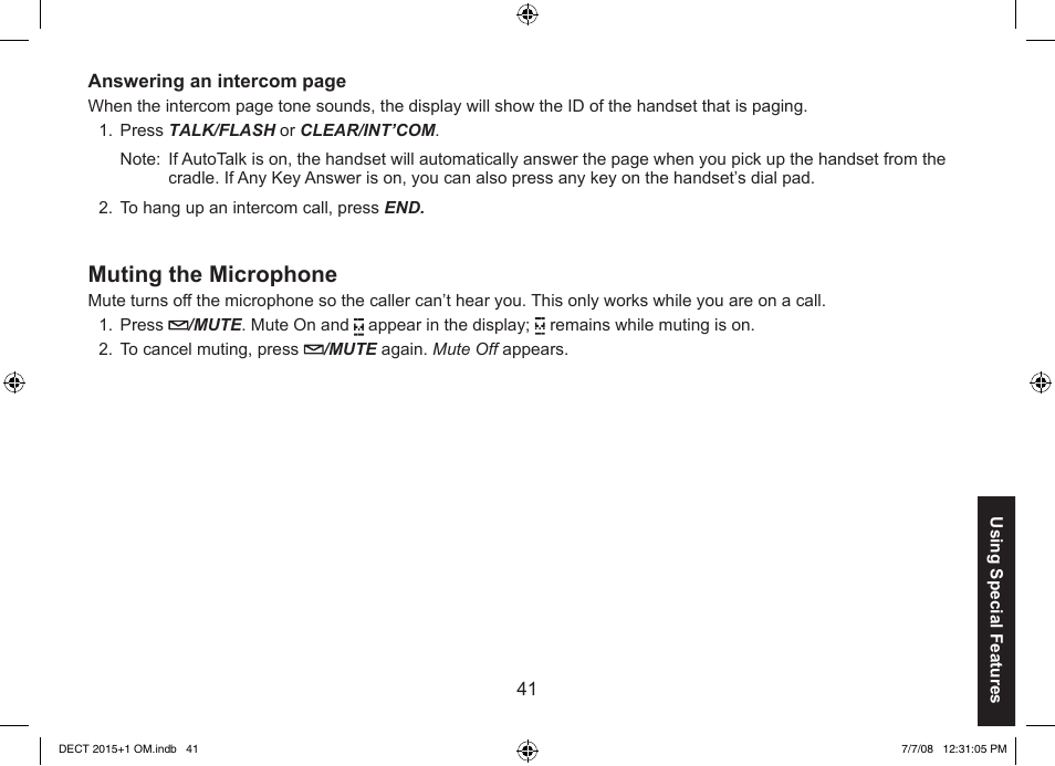 Muting the microphone | Uniden DECT2015+2 User Manual | Page 41 / 60