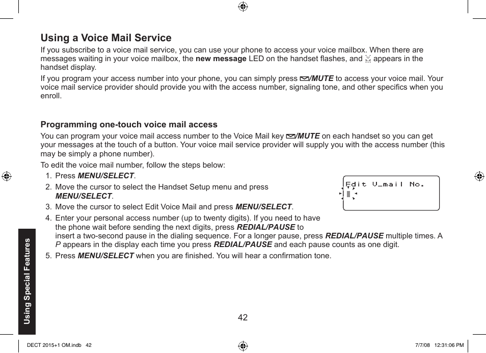 Using a voice mail service | Uniden DECT2015+2 User Manual | Page 42 / 60