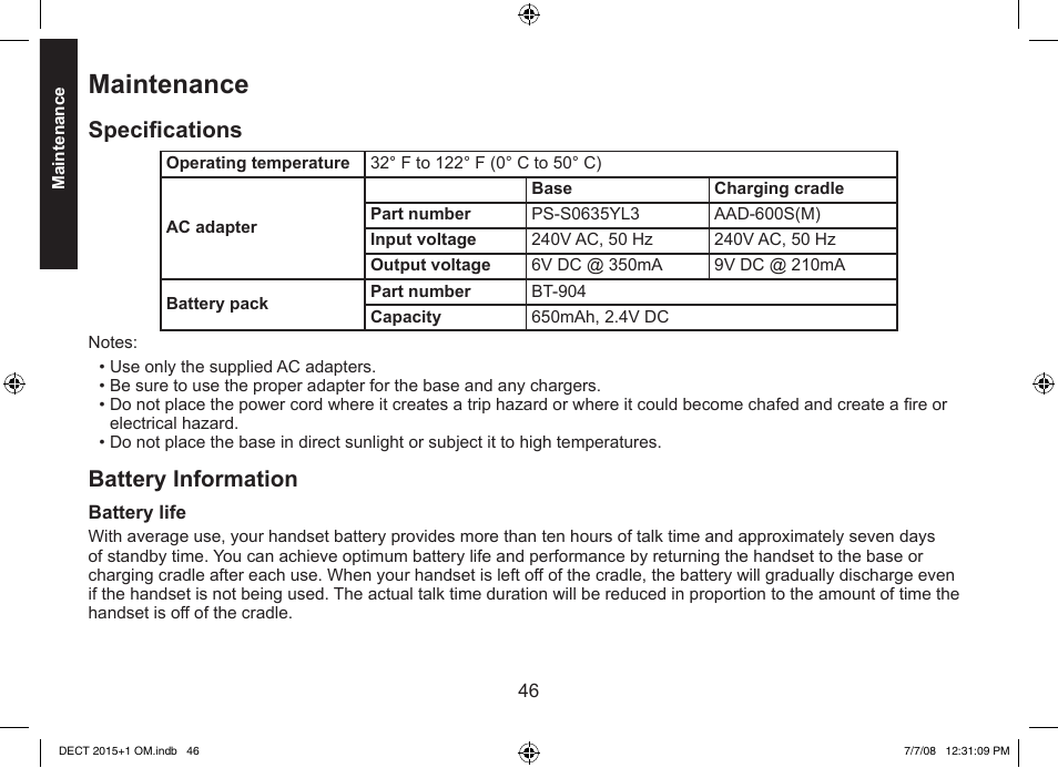 Maintenance, Specifications, Battery information | Uniden DECT2015+2 User Manual | Page 46 / 60