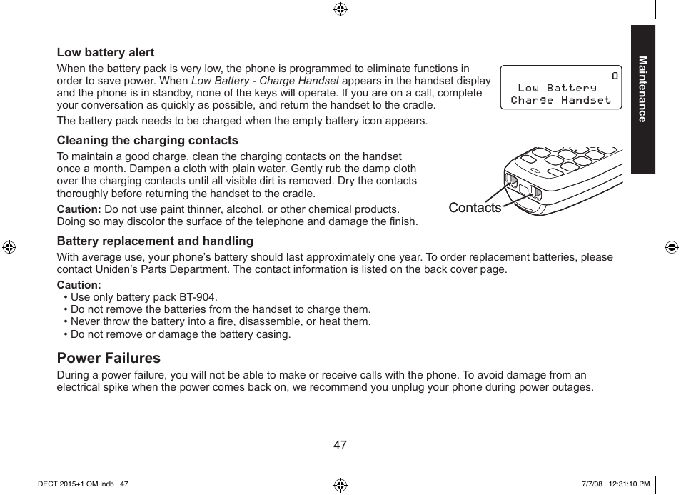 Power failures | Uniden DECT2015+2 User Manual | Page 47 / 60