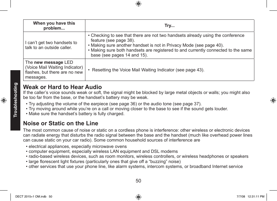 Weak or hard to hear audio, Noise or static on the line | Uniden DECT2015+2 User Manual | Page 50 / 60