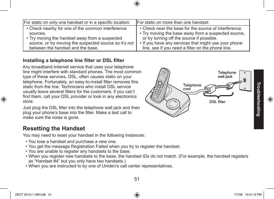 Resetting the handset | Uniden DECT2015+2 User Manual | Page 51 / 60