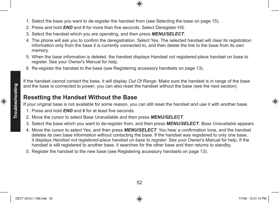 Resetting the handset without the base | Uniden DECT2015+2 User Manual | Page 52 / 60