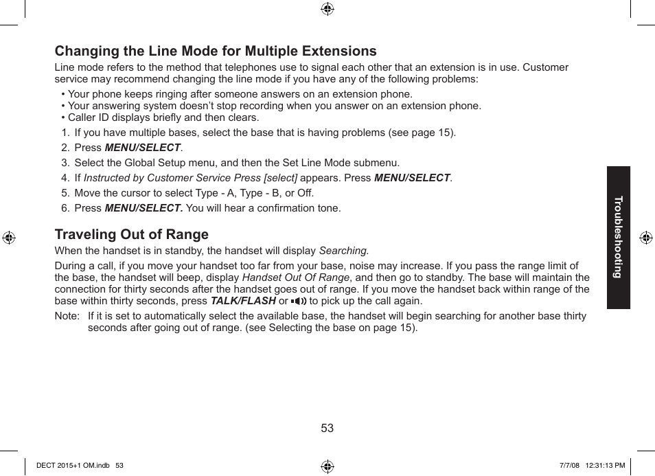 Changing the line mode for multiple extensions, Traveling out of range | Uniden DECT2015+2 User Manual | Page 53 / 60