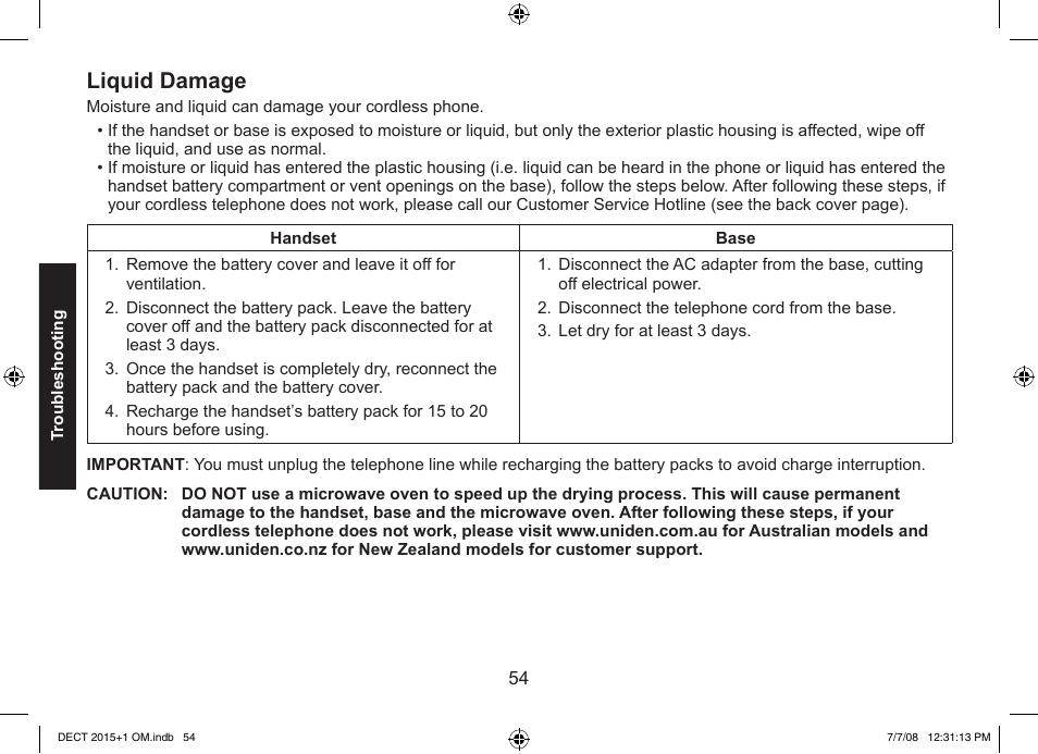 Liquid damage | Uniden DECT2015+2 User Manual | Page 54 / 60