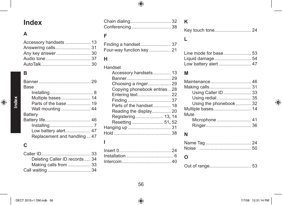 Index | Uniden DECT2015+2 User Manual | Page 56 / 60
