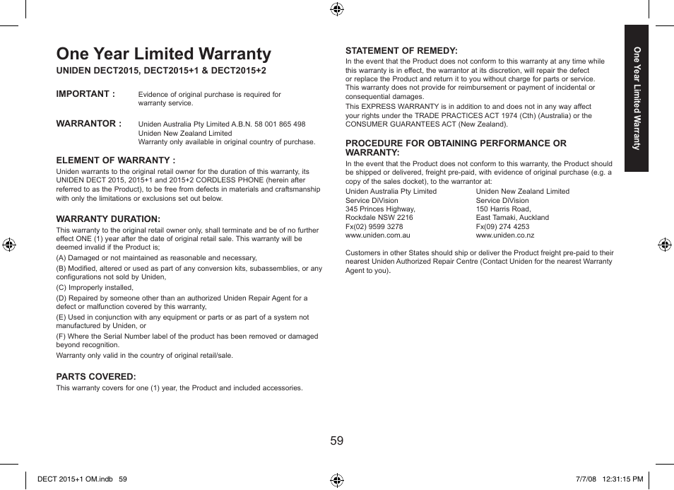 One year limited warranty | Uniden DECT2015+2 User Manual | Page 59 / 60