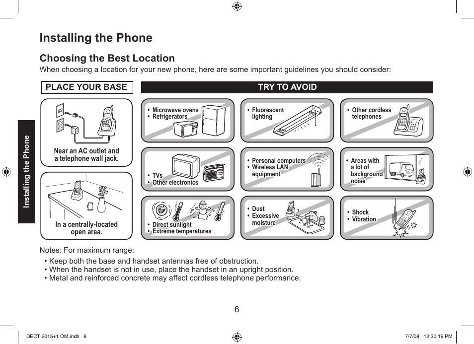 Installing the phone, Choosing the best location | Uniden DECT2015+2 User Manual | Page 6 / 60