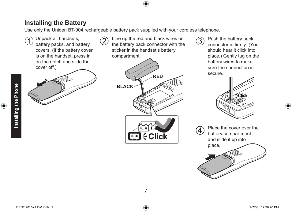 Installing the battery | Uniden DECT2015+2 User Manual | Page 7 / 60