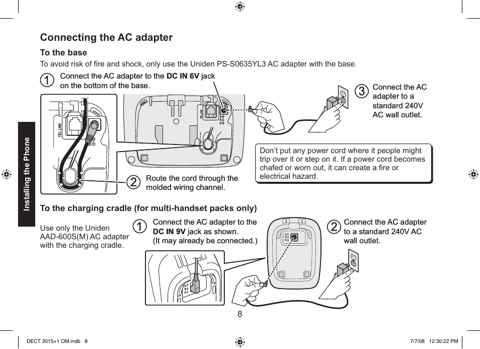 Connecting the ac adapter | Uniden DECT2015+2 User Manual | Page 8 / 60