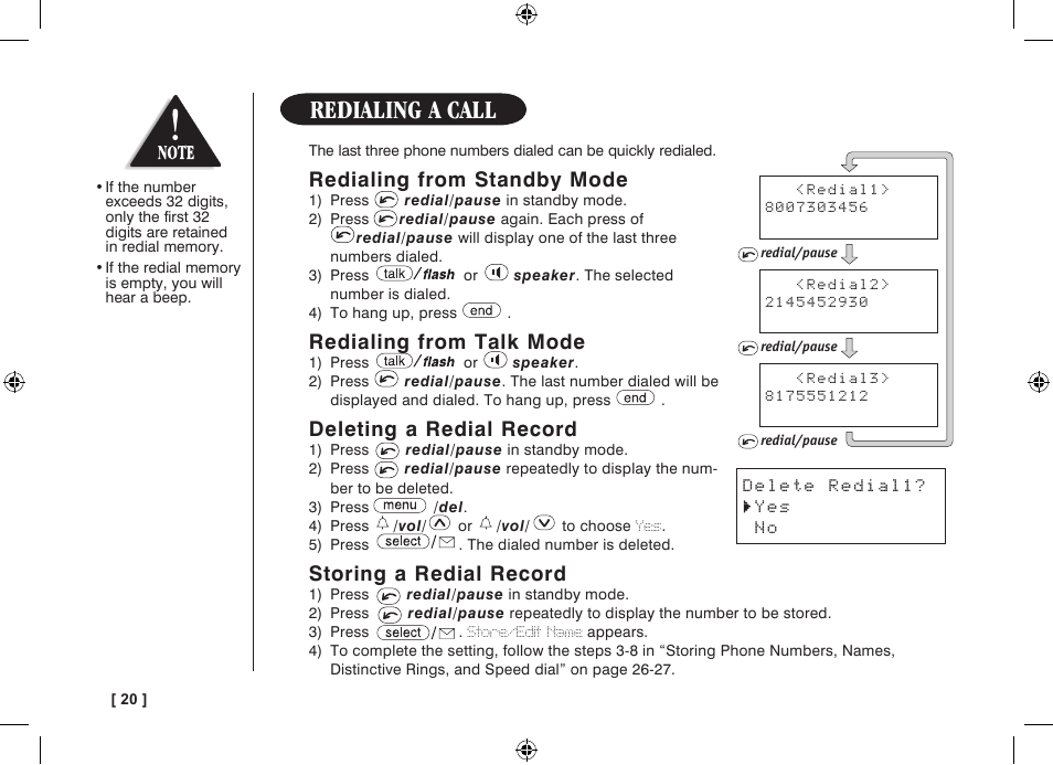 Redialing a call, Redialing from standby mode, Redialing from talk mode | Deleting a redial record, Storing a redial record, Delete redial1? yes no | Uniden WDECT 3315 User Manual | Page 24 / 56
