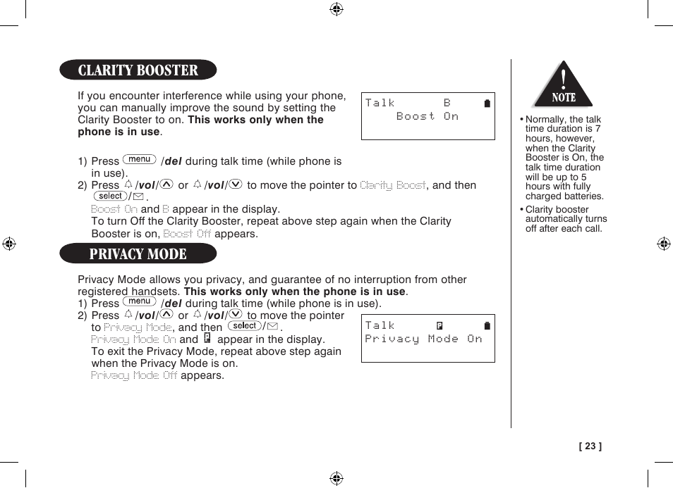 Clarity booster, Privacy mode | Uniden WDECT 3315 User Manual | Page 27 / 56