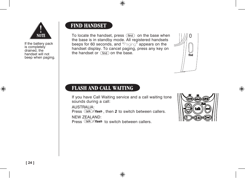 Find handset, Flash and call waiting | Uniden WDECT 3315 User Manual | Page 28 / 56