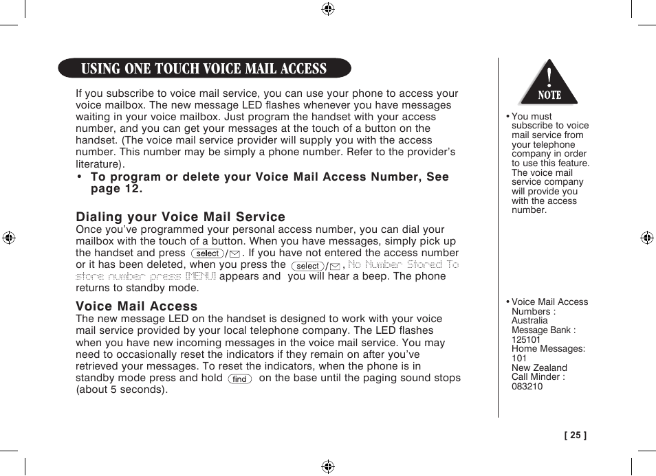 Using one touch voice mail access, Dialing your voice mail service, Voice mail access | Uniden WDECT 3315 User Manual | Page 29 / 56