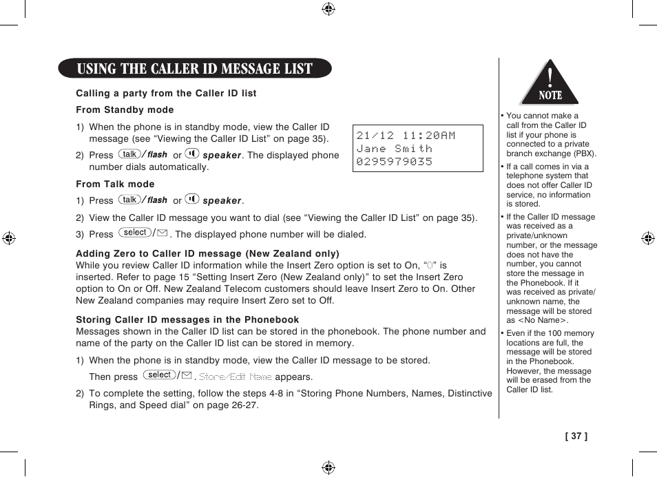 Using the caller id message list | Uniden WDECT 3315 User Manual | Page 41 / 56