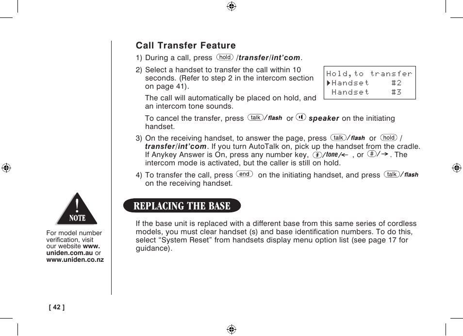 Replacing the base | Uniden WDECT 3315 User Manual | Page 46 / 56