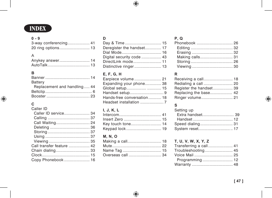 Index | Uniden WDECT 3315 User Manual | Page 51 / 56