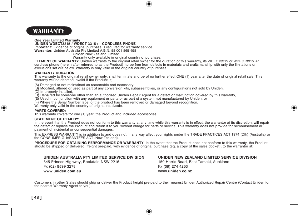 Warranty | Uniden WDECT 3315 User Manual | Page 52 / 56