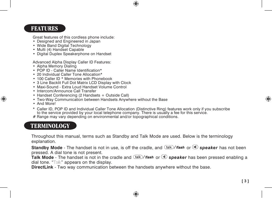 Terminology, Features | Uniden WDECT 3315 User Manual | Page 7 / 56