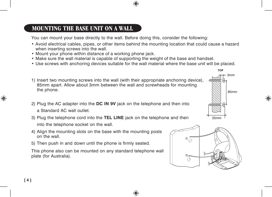 Mounting the base unit on a wall | Uniden WDECT 3315 User Manual | Page 8 / 56