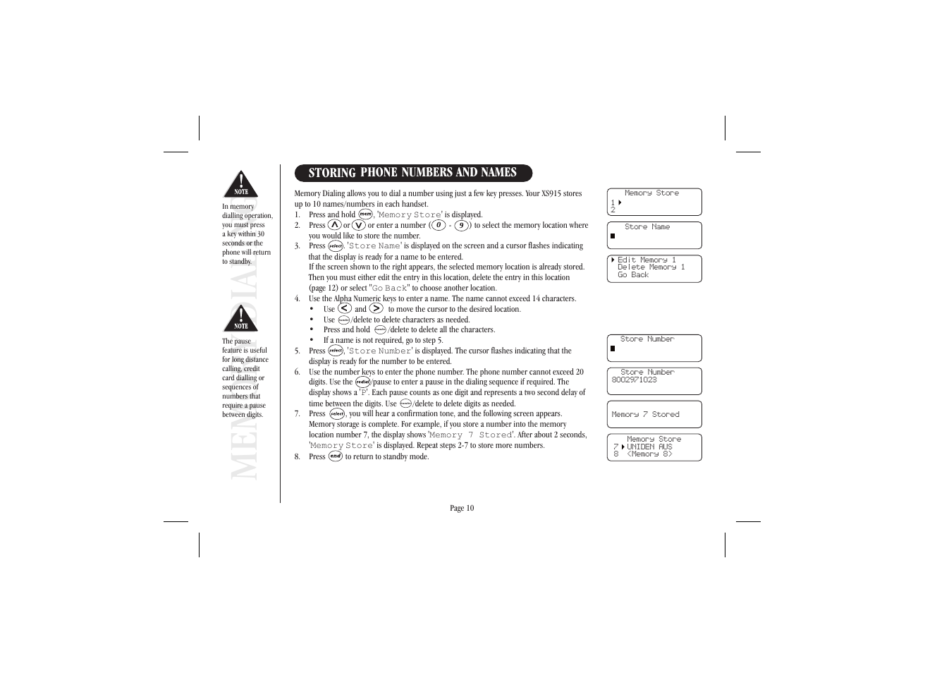 Storing phone numbers and names | Uniden XS915 User Manual | Page 14 / 24