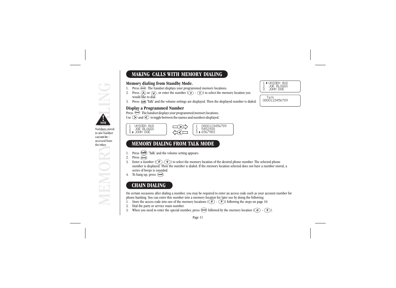 Chain dialing | Uniden XS915 User Manual | Page 15 / 24