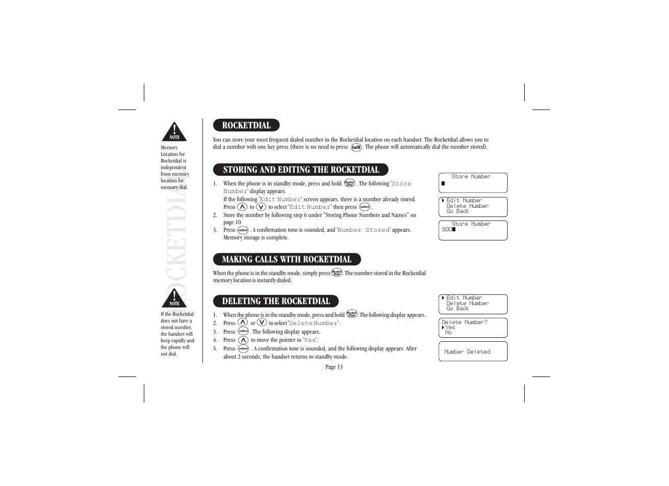 Rocketdial, Making calls with rocketdial, Storing and editing the rocketdial | Deleting the rocketdial | Uniden XS915 User Manual | Page 17 / 24